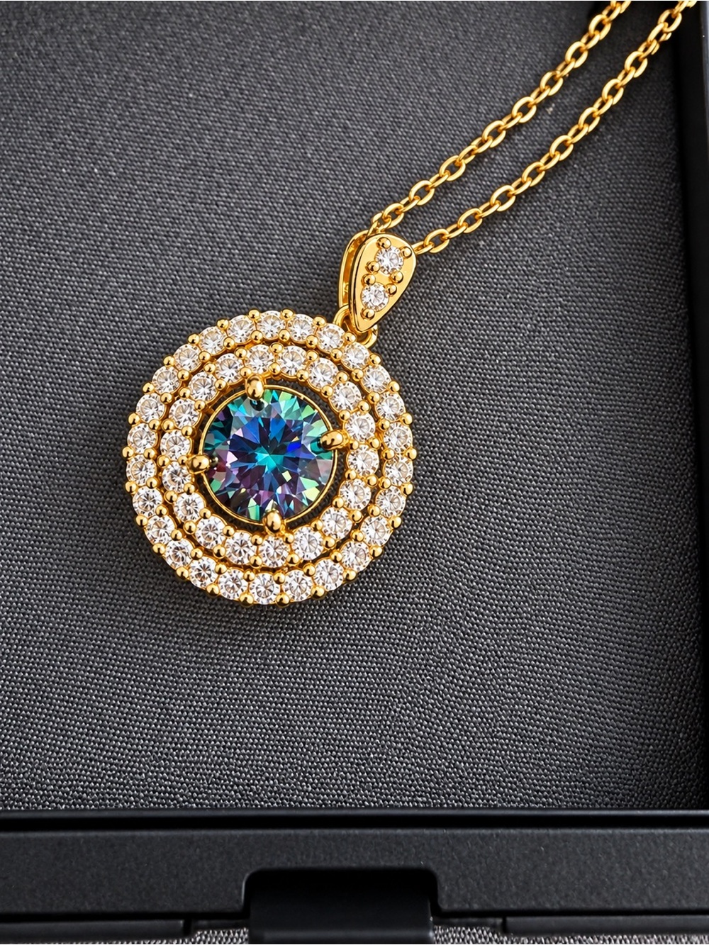 2 CT Iridescent Rainbow Blue Moissanite Halo Necklace โ 18K Gold Plated โ GRA